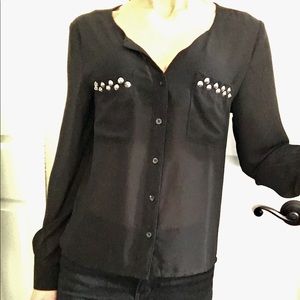 Pocket Studded Black Button up Black Collar Top